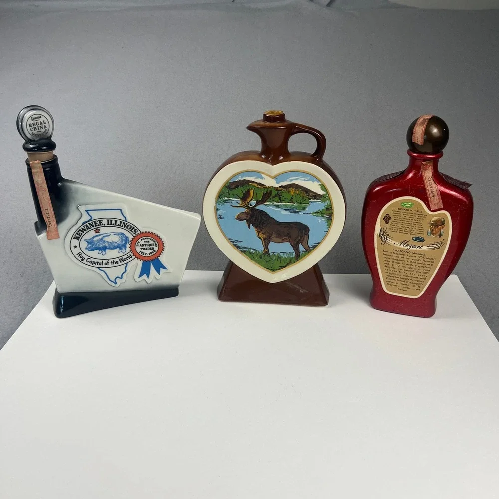 VTG Jim Beam Decanter Lot 3 Ceramic Moose Antique Trader Mozart Barware Kitsch